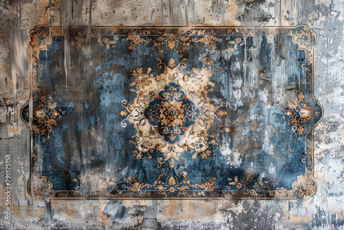 A blue and beige distressed area rug texture, top view, with worn edges, on an aged wall background. Created with Ai