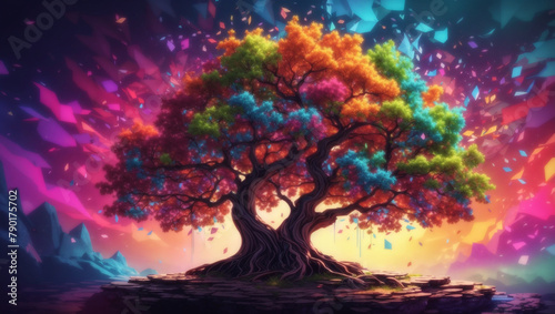 a tree with rainbow colored leaves against a starry night sky