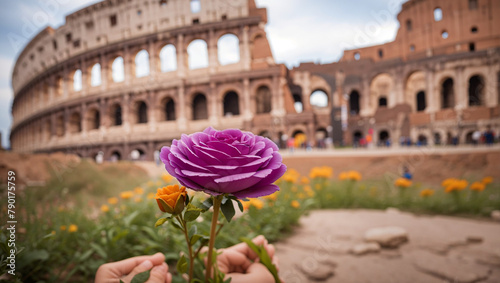 A pink flower is in front of the Coliseum photo