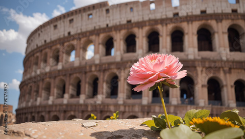 A pink flower is in front of the Coliseum photo