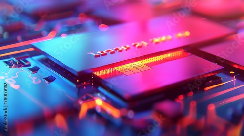 A close up of a computer chip with blue and red lights. photo