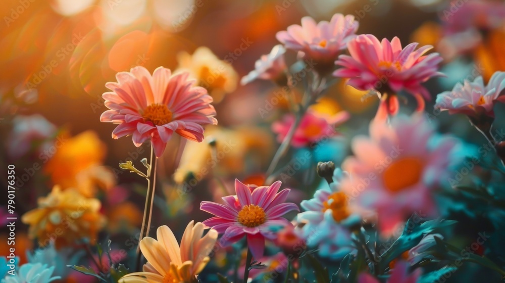 Field flowers illuminated by bright sun