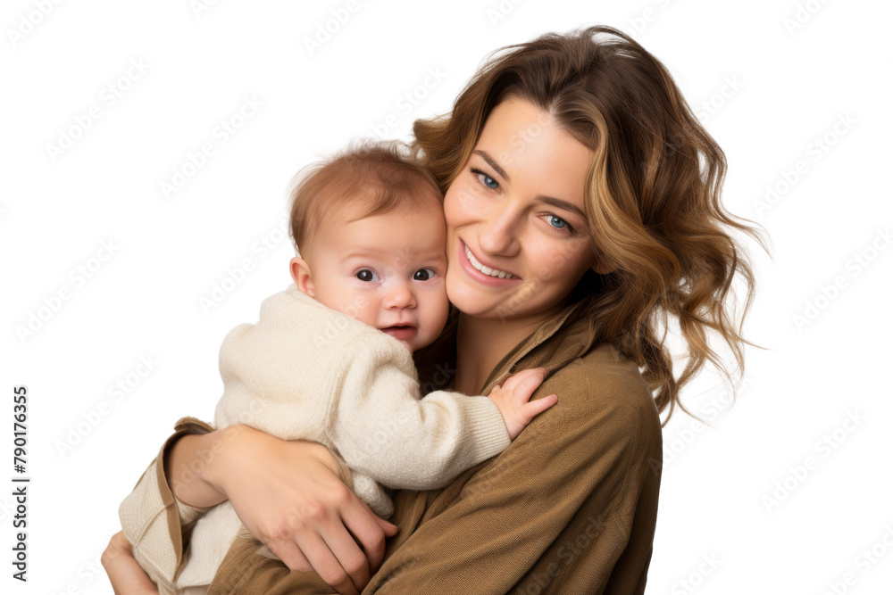 Portrait of mom holding baby with her arms isolated on transparent png background, love moment, newborn sleeping tenderly in arms, cute little infant.