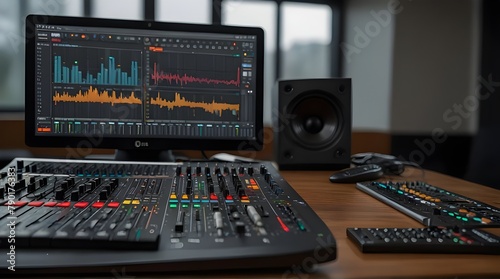 Image of a contemporary music studio control desk displaying DAW software use.generative.ai