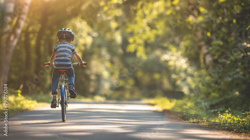 Rear view of a little boy riding a bicycle on a sunny day