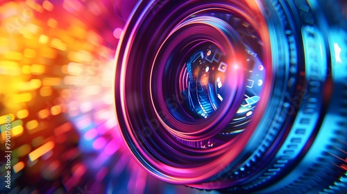 Colorfully stylized video camera lens close up. 