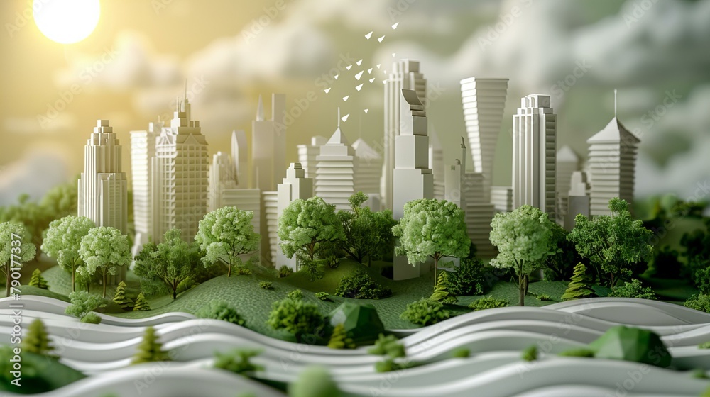 An artistic representation of a cityscape crafted in a unique paper art style, featuring stylized white flowers and foliage against a serene green background An artistic representation of a cityscape crafted in a unique paper art style, featuring stylized white flowers and foliage against a serene green background