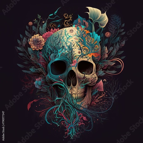 Mystical and Macabre Skull Illustrations Set on Moody Black Backgrounds, Perfect for Dark and Sinister Designs