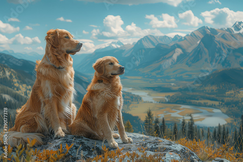  Two golden retrievers sitting on top of the rocky mountains, with a beautiful scenery in the background. Created with Ai
