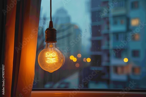 Illuminated Filament Bulb Against Twilight Cityscape 