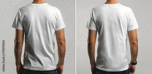 Plain white t-shirt on a man comparing a snug vs loose fit photo