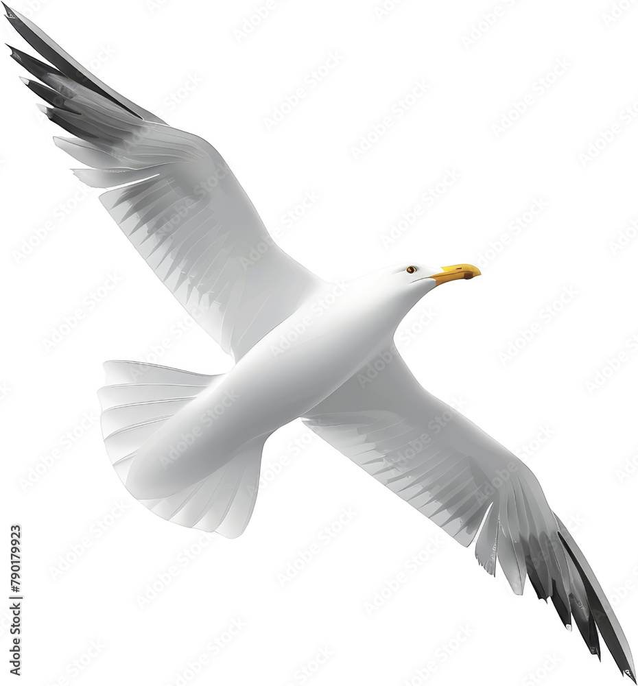 Obraz premium A graceful white seagull soars through the sky, embodying freedom as it glides effortlessly on the air currents.