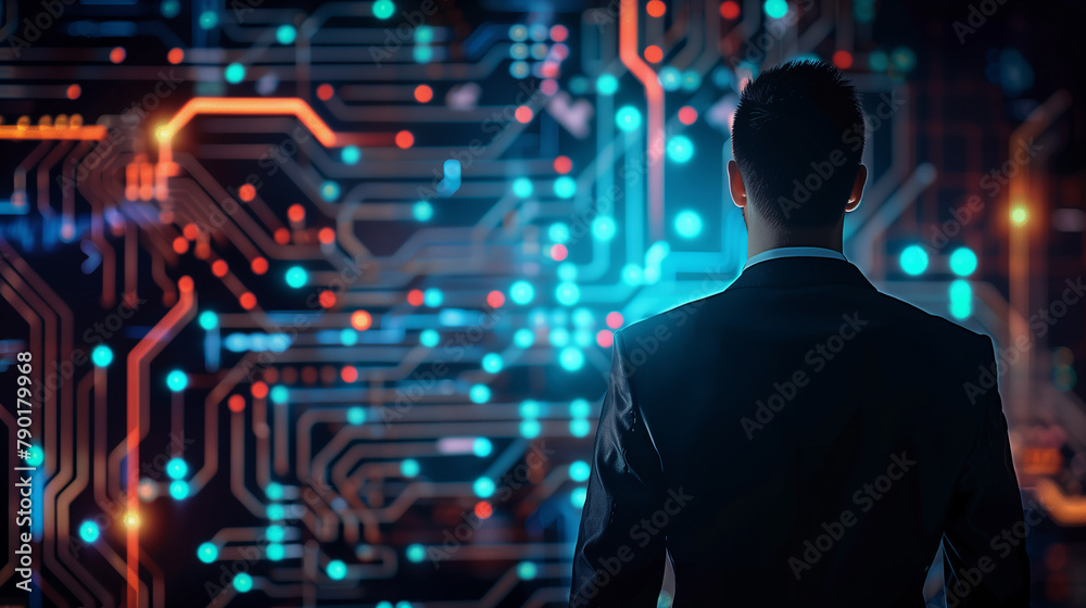 A man is looking at a computer screen with a lot of wires and circuits. Concept of technology and innovation, as well as the potential for endless possibilities