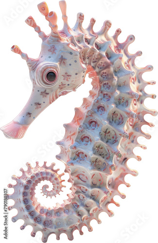 A meticulously crafted 3D model of a seahorse, showcased against a pristine transparent backdrop.