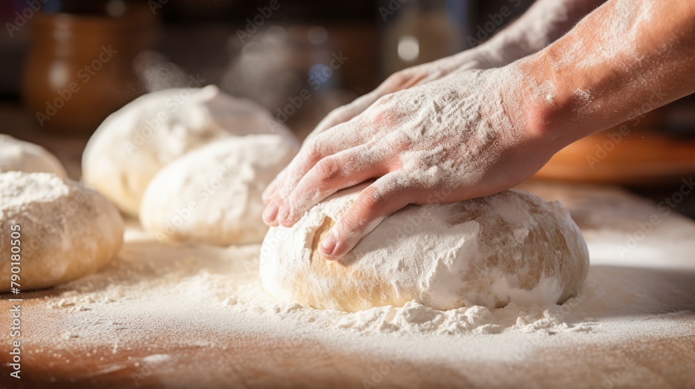 Fototapeta premium Close-up of hands shaping dough for artisan breads, with flour dusting the air, in a warm, inviting bakery setting.