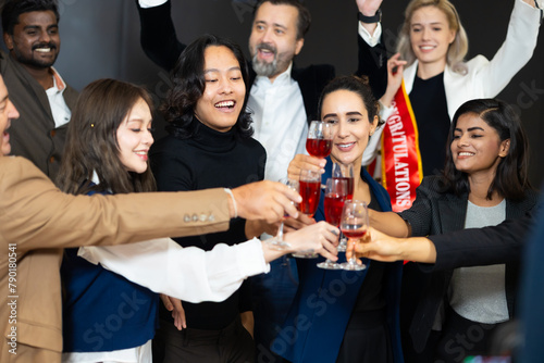 Business party and success celebration - Group of diverse business people colleagues or employees together drinking champagne at event party. achievement