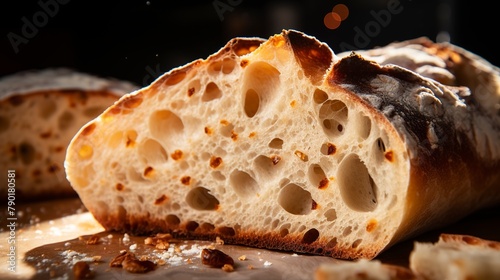 Artisan ciabatta bread close-up, with a focus on the airy holes and chewy texture, on a light background with shadows. 