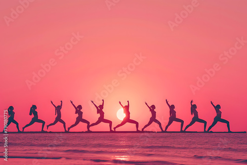 A line of diverse people in warrior pose, overlooking a sunrise, isolated on a unity pink background, for International Yoga Day 