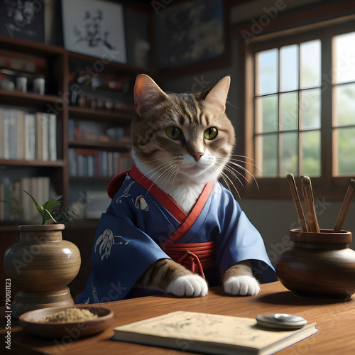 cat in kimono yukata sitting by table writing Japanese writings