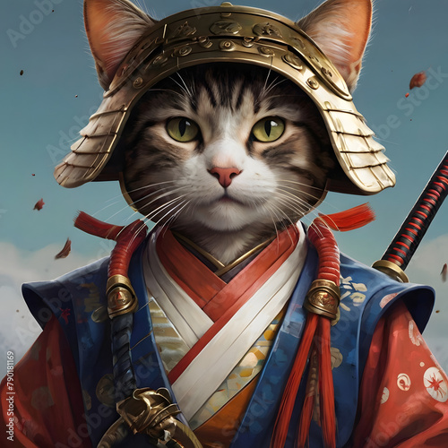 Traditional Japanese samurai dressed grey cat with sword 