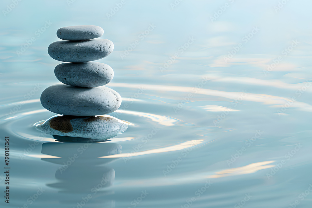 A series of stones in water creating ripples, with each stone representing a yoga pose, isolated on a tranquil meditation blue background for International Yoga Day 