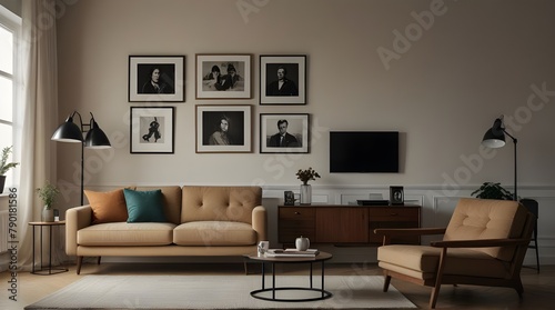 Retro living room interior with beige sofa against white wall with posters and black lamp.generative.ai
