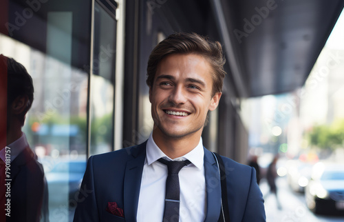 Portrait of confident businessman in suits on blurred background. Concept of business  finance  professional  profession  occupation  employee boss employer. 