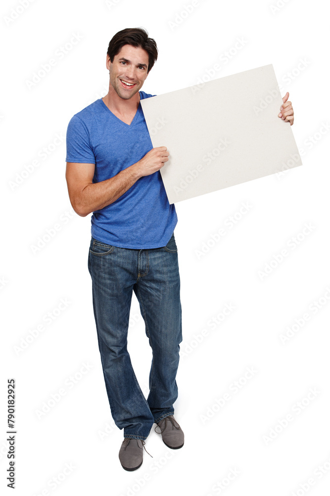 Poster, portrait and man with mockup in studio for announcement, information or faq on white background. Banner, face and male model with empty, space or billboard for news, offer or presentation Poster, portrait and man with mockup in studio for announcement, information or faq on white background. Banner, face and male model with empty, space or billboard for news, offer or presentation