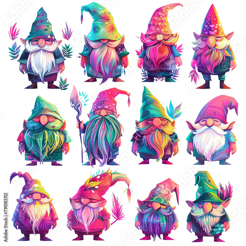 Character sheet of sixteen fun, quirky and colorful gnomes dressed in neon clothes with random facial expressions isolated on a white background.