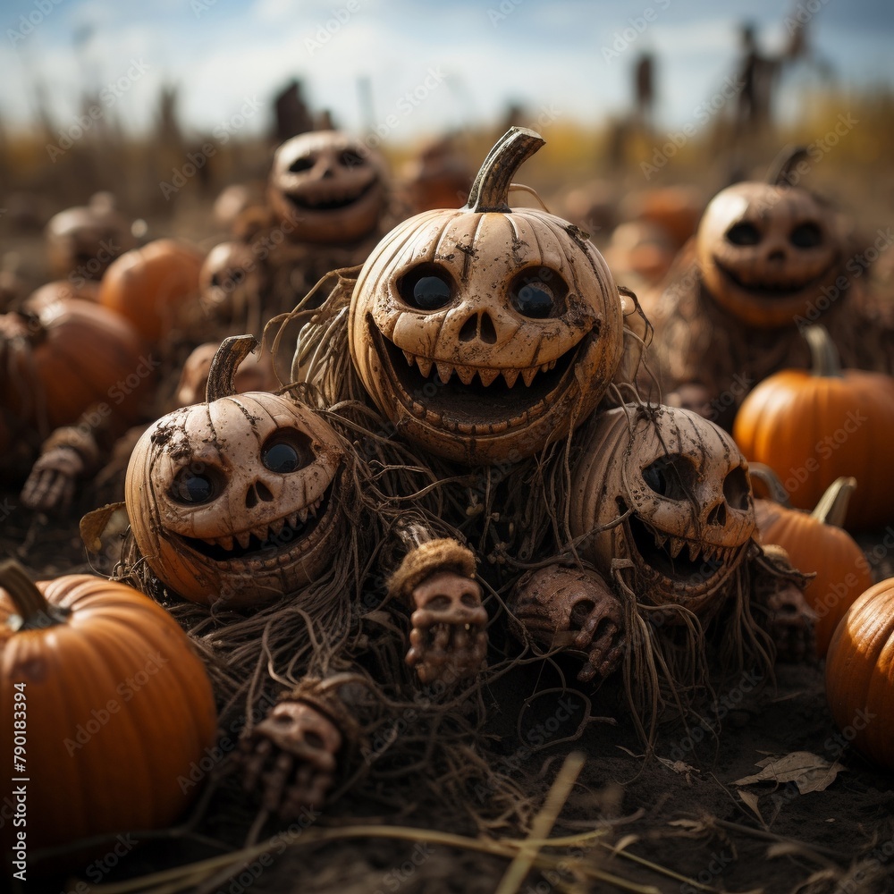 In autumn a haunted pumpkin patch where the pumpkins carve humorous faces on themselves - obrazy, fototapety, plakaty 