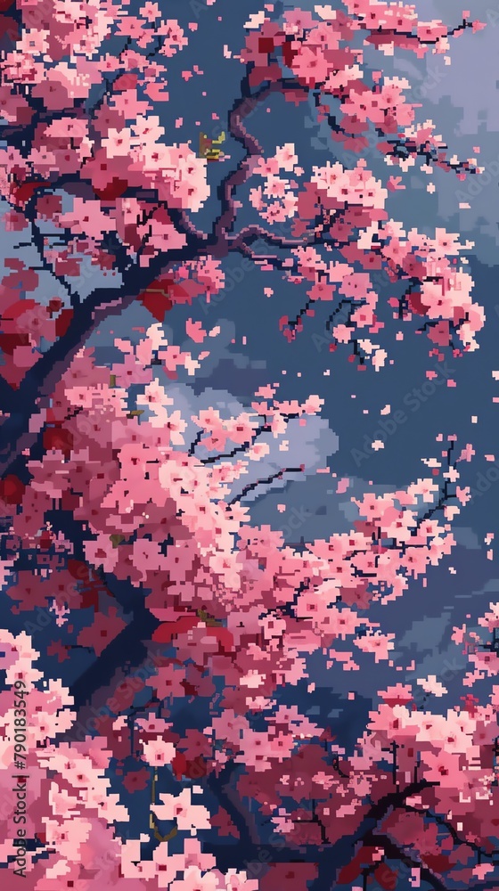 Craft a pixel art representation of a close-up view of spring sakura blossoms, featuring intricate details in a limited color palette to evoke nostalgia and simplicity