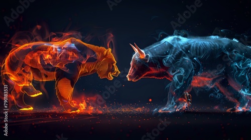 Symbolic Battle: Bear and Bull Confrontation in Powerful, Dynamic Image