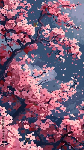Craft a pixel art representation of a close-up view of spring sakura blossoms, featuring intricate details in a limited color palette to evoke nostalgia and simplicity