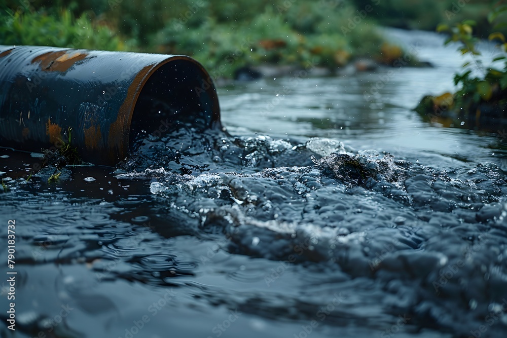 Wastewater pipes from industrial plants which is a large pipe made of metal. The wastewater flowing from the pipe is black and cloudy. Used to campaign to make people aware of environmental problems. Wastewater pipes from industrial plants which is a large pipe made of metal. The wastewater flowing from the pipe is black and cloudy. Used to campaign to make people aware of environmental problems.