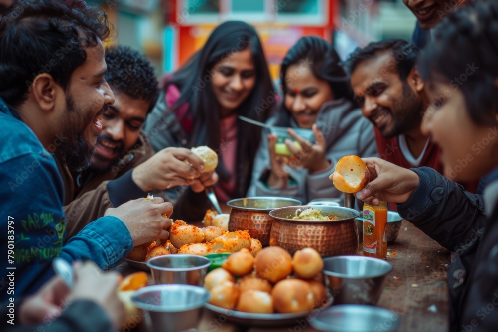Group of Indian and Diverse Friends Enjoying a Street Food Feast Together Outdoors