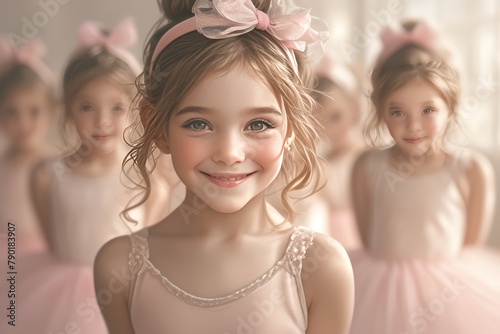 A group of happy little girls in ballet costume stand and smile, standing in line with their hands behind her back, they all have beautiful smiles on his face