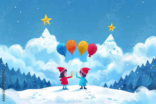 couple in winter landscape, cartoon style