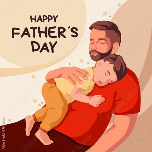 
The baby sleeps in his father's arms. Vector illustration. Cartoon characters. A Father's Day greeting card. The concept of family.
