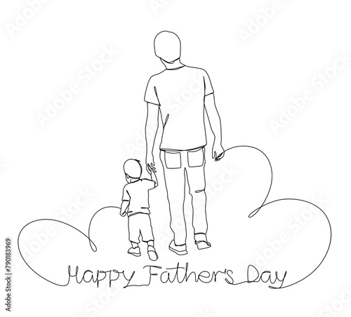 A banner dedicated to Father's Day. A poster of a father and son holding hands. Line art. Vector illustration.
