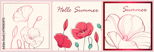 Templates for summer banners. A set of vector images with three backgrounds with poppies.