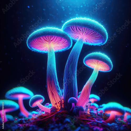 Generative AI, Beautiful and awesome neon colorful mushrooms, Magical views of neon colorful mushrooms, Beautiful view of neon colorful mushrooms in the thickets of forest bushes, small neon mushrooms © Alter