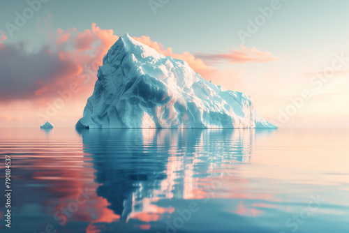 Massive iceberg drifting in open ocean at sunset or sunrise natural wallpaper background