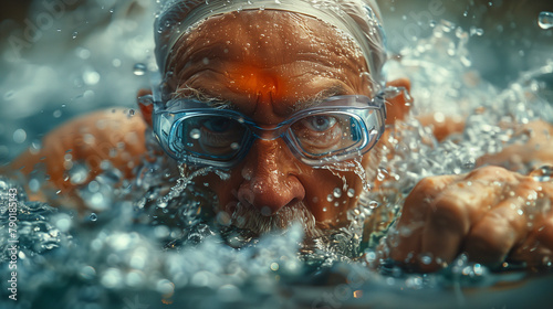 Elderly man swimming with goggles. Generative AI