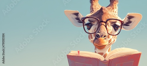 A giraffe with glasses reading an open book on pastel background, copy space concept.  photo
