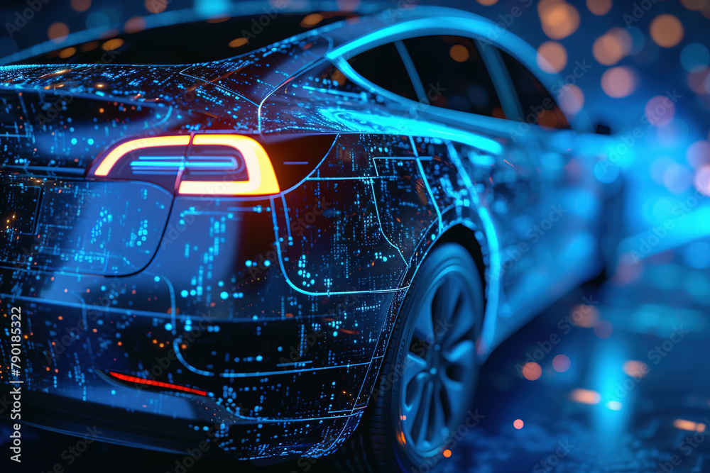 Futuristic electric car adorned with glowing digital patterns, symbolizing innovation and advanced technology in modern transportation. Futuristic electric car adorned with glowing digital patterns, symbolizing innovation and advanced technology in modern transportation.
