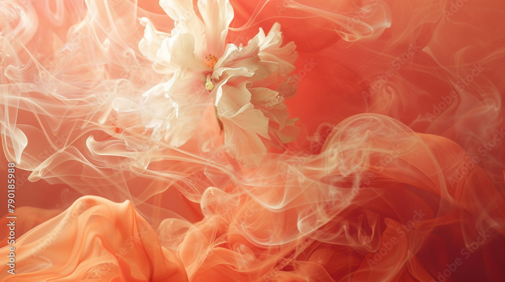 Upon a tapestry of deep coral, a delicate wisp of ivory smoke rises, its ethereal form evoking the tranquil beauty of a blossoming flower, its fragrance carried on the breeze of a summer's eve.