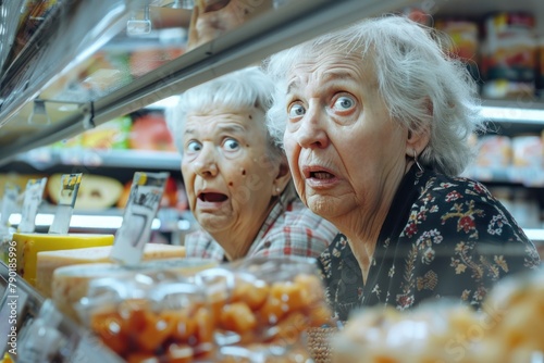 an old woman is surprised by the high prices in the store. old age. pension. spend money.