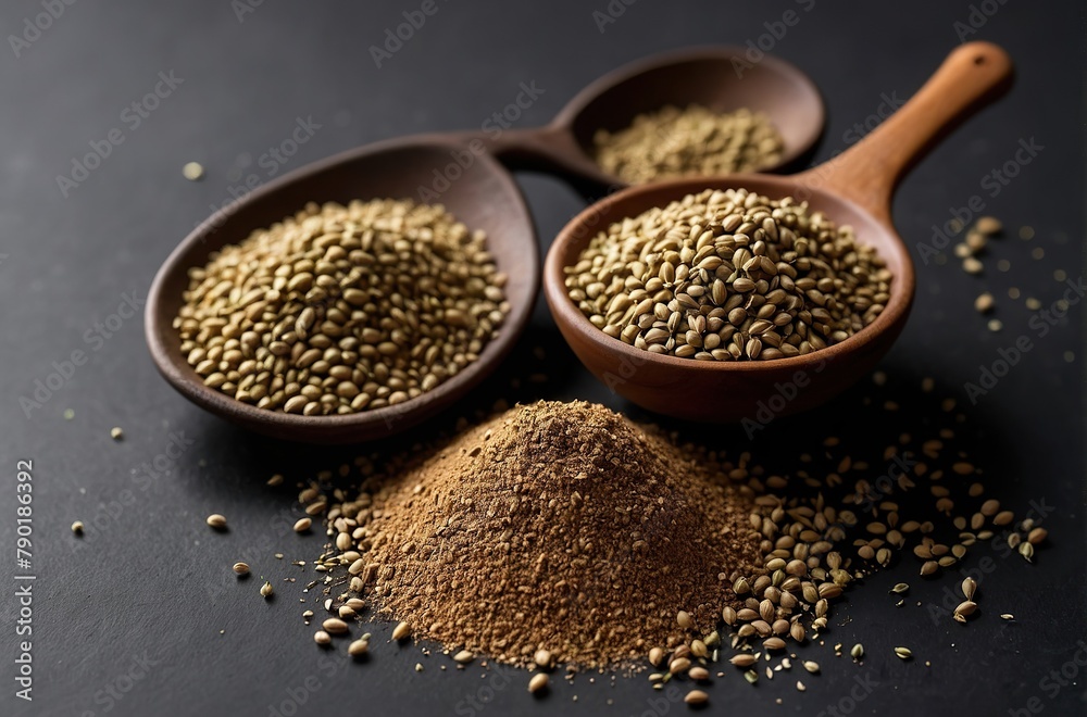 Coriander seed powder on a black background. Coriander seed powder on a black background.