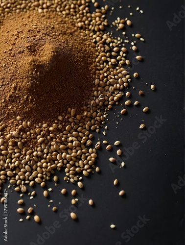 Coriander seed powder on a black background.