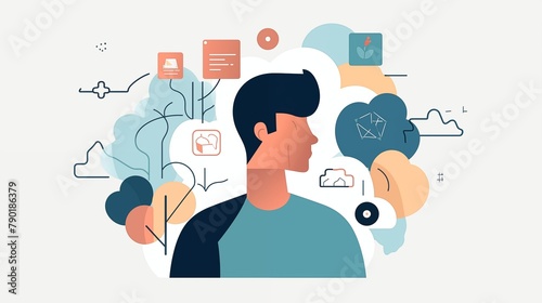 A minimalist character illustration of a person brainstorming ideas with notion-inspired icons in a 2D style with simple shapes, flat colors, and a white background using sticky notes